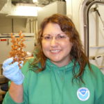 Woman wearing green hoodie with NOAA patch holding a piece of coral