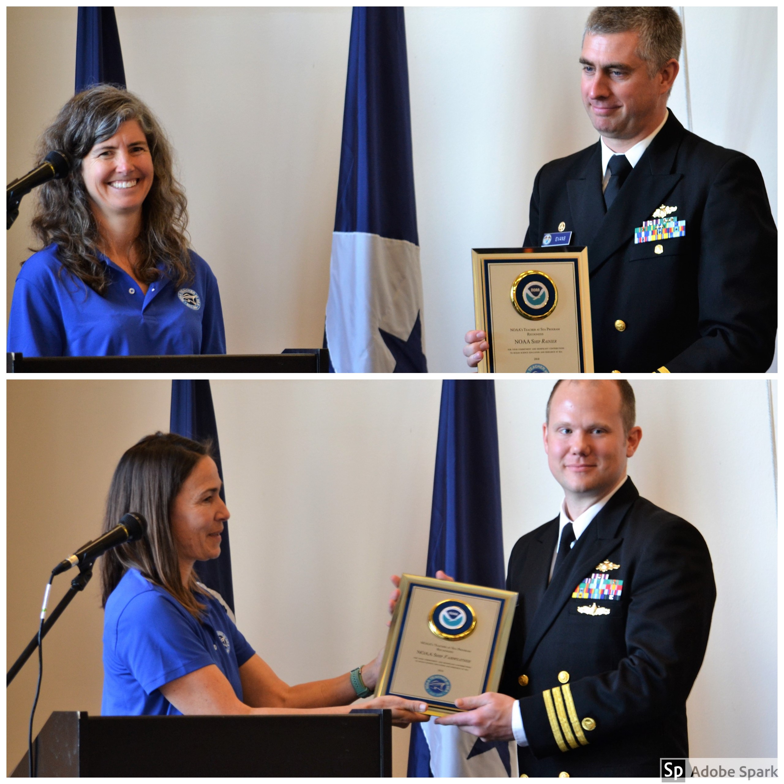 Two different photos in which women are handing plaques to a NOAA Corps officers in uniform.