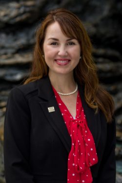 A woman with long brown hair in a business suit in a portrait style photo.