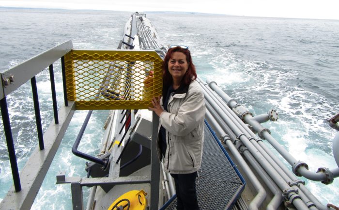 Woman standing on Research Platform (Floating Instrument Platform) in a large body of water with the horizon in the background.
