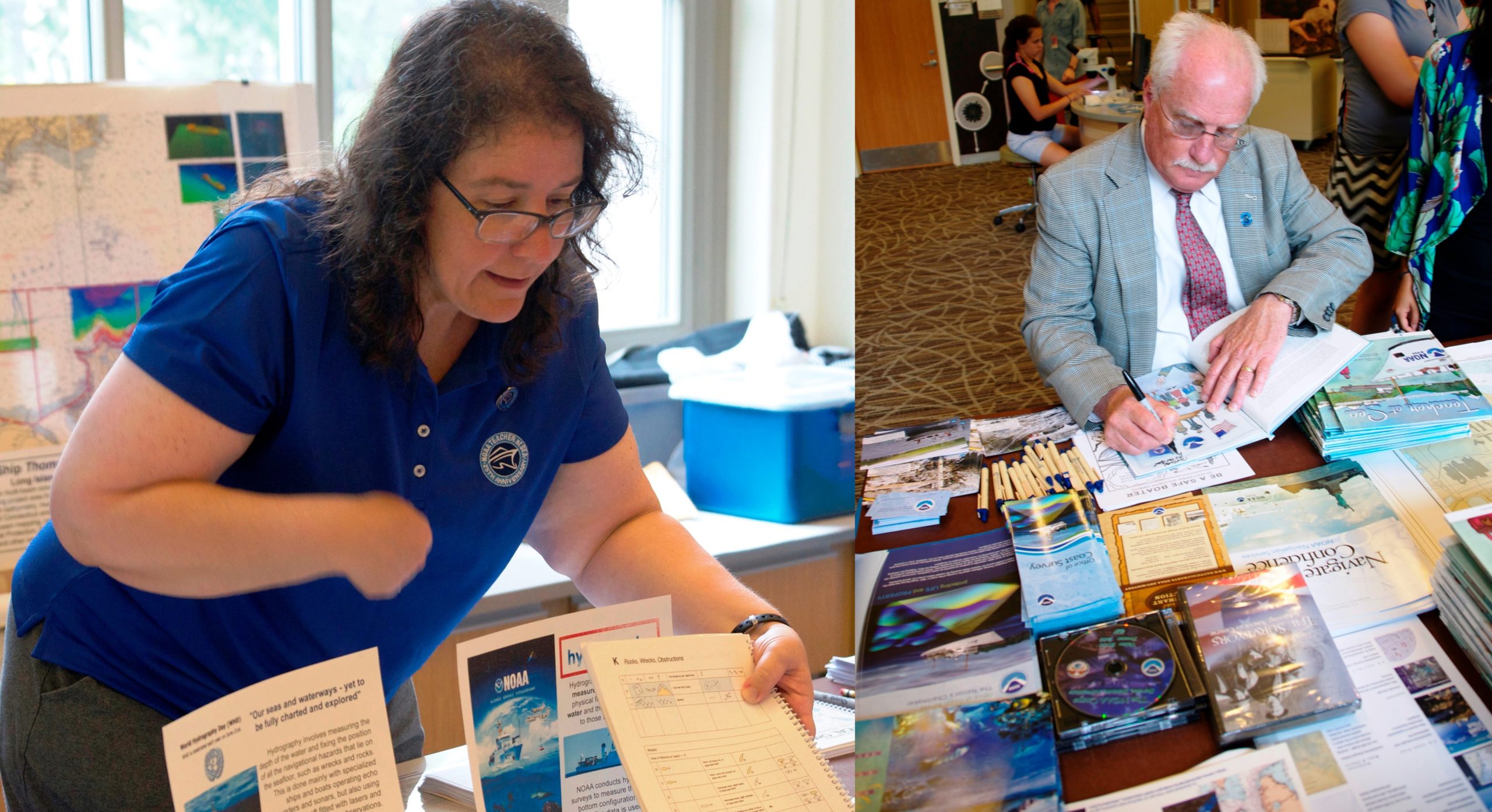 On the left there is a woman sharing activities material and there are photographs behind her. On the right a man is sitting and signing books at a table that is filled with other books and materials.