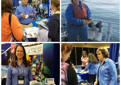 Four separate photographs show a man talking to people at a NOAA booth. A woman standing behind a table with NOAA information. Another woman standing and talking with people at a NOAA booth. The last picture is a woman on a boat.