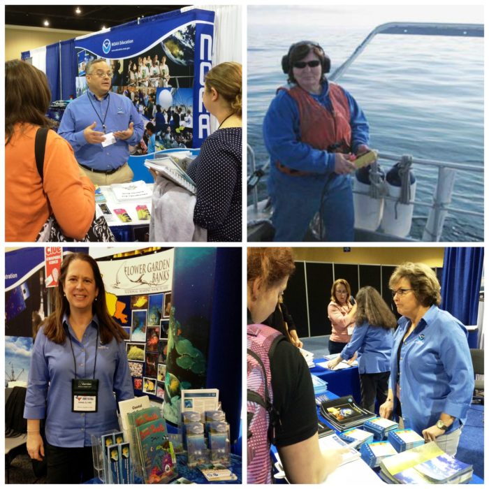Four separate photographs show a man talking to people at a NOAA booth. A woman standing behind a table with NOAA information. Another woman standing and talking with people at a NOAA booth. The last picture is a woman on a boat.