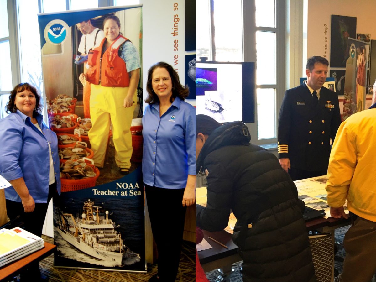 There are two images. One is of two women standing on each side of a NOAA Teacher at Sea sign. The other is a man in a military uniform talking with people.