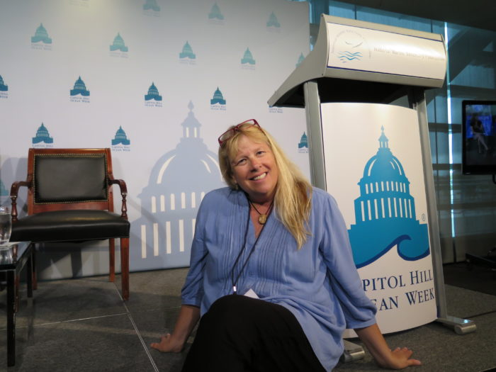 A woman sits in front of a Capito Hill Ocean Week sign.