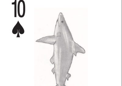 A ten of clubs card with a drawn shark.