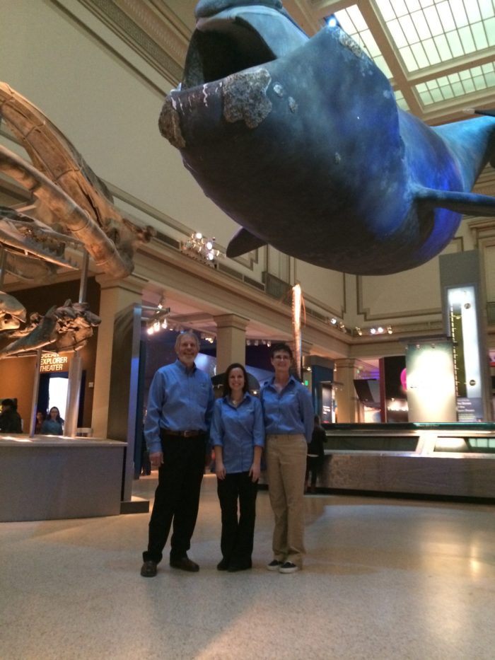A man and two women stand in a large room with a large sea animal above them.