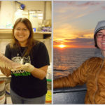 Two separate images of women. One on the left is holding a giant isopod and the one on the right is of a woman sitting on a ship with the sun setting in the background.