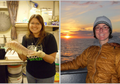Two separate images of women. One on the left is holding a giant isopod and the one on the right is of a woman sitting on a ship with the sun setting in the background.