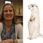 A woman on the left and a drawing of a squirrel on the right.