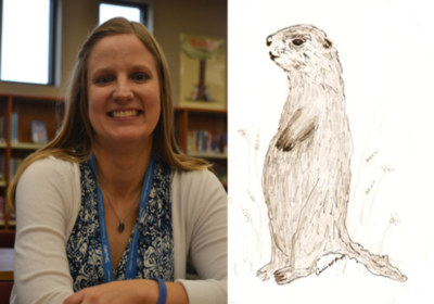 A woman on the left and a drawing of a squirrel on the right.