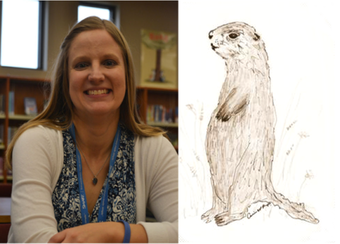 A woman on the left and a drawing of a squirrel on the right.