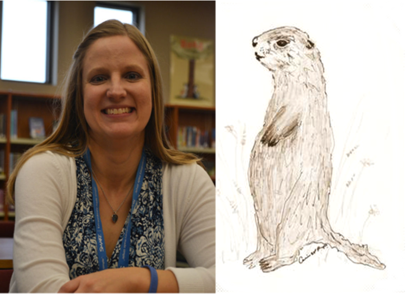 A woman on the left and a drawing of a squirrel on the right.