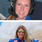 A woman wears a headset with controls in the background. The bottom there is a woman in a flight suit with clouds in the background.