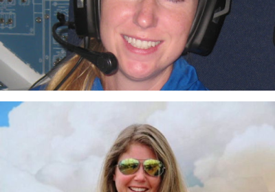 A woman wears a headset with controls in the background. The bottom there is a woman in a flight suit with clouds in the background.