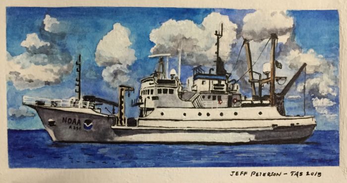Watercolor image of a NOAA research vessel