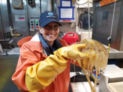 A woman in a NOAA hat and an orange slicker jacket and yellow rubber gloves holds up a jellyfish.