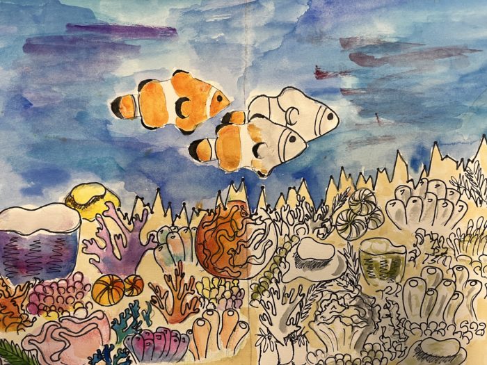 An illustrated watercolor graph depicting coral bleaching.