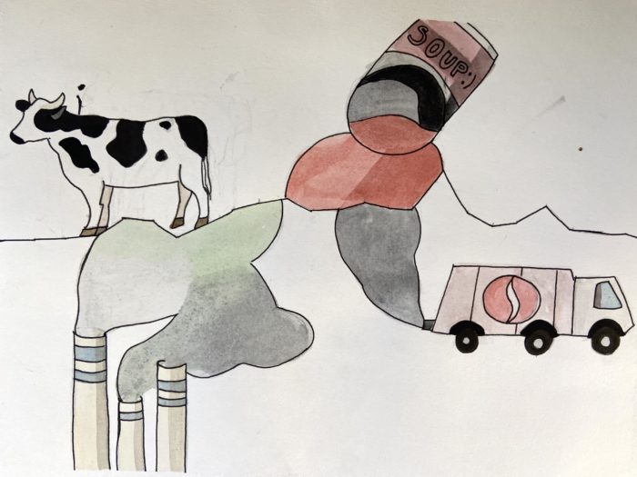 A water color graph of food production. Images include a cow, smokestacks, soup can, and delivery vehicle.