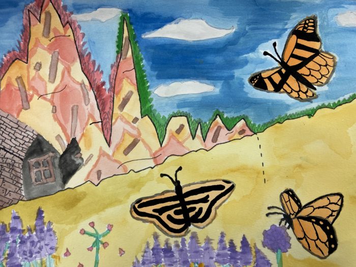 A watercolor graph that illustrates monarch population. Imagery includes monarchs, flowers, a house, a field, and a blue sky.