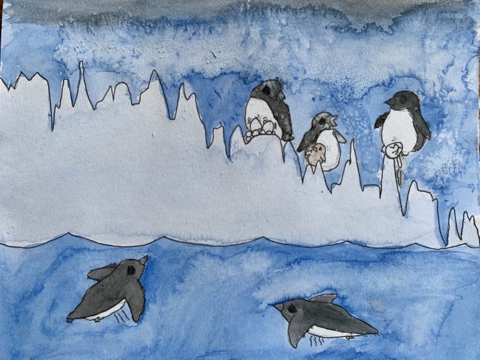 A watercolor graph that depicts penguin population. Imagery includes penguins sitting on ice and swimming.
