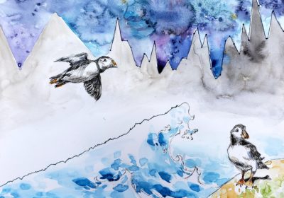 Watercolor art depicting two puffins against the back drops of rough seas and a mountain scene that is actually a graph line.