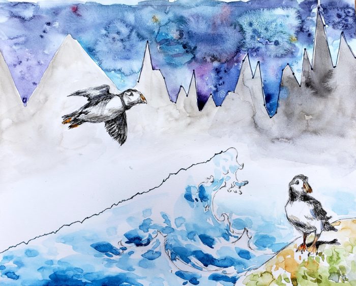 Watercolor art depicting two puffins against the back drops of rough seas and a mountain scene that is actually a graph line.