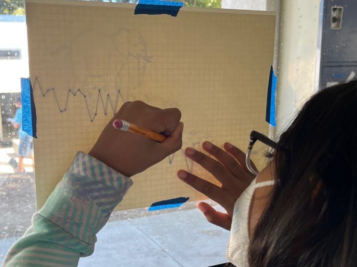 A girl tracing a graph line onto artwork by taping the graph and drawing on a window.