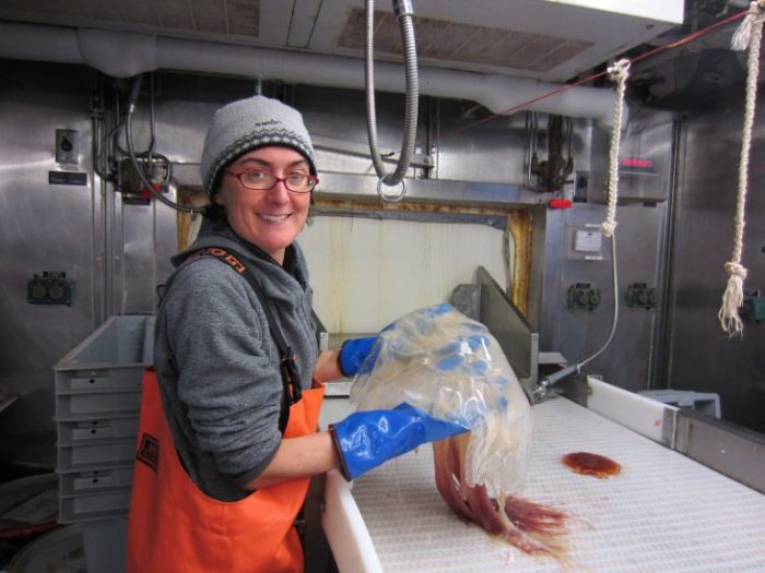 A woman in a ship's laboratory in a knit hat and orange rain pants and wearing blue rubber gloves holding up a large jellyfish.