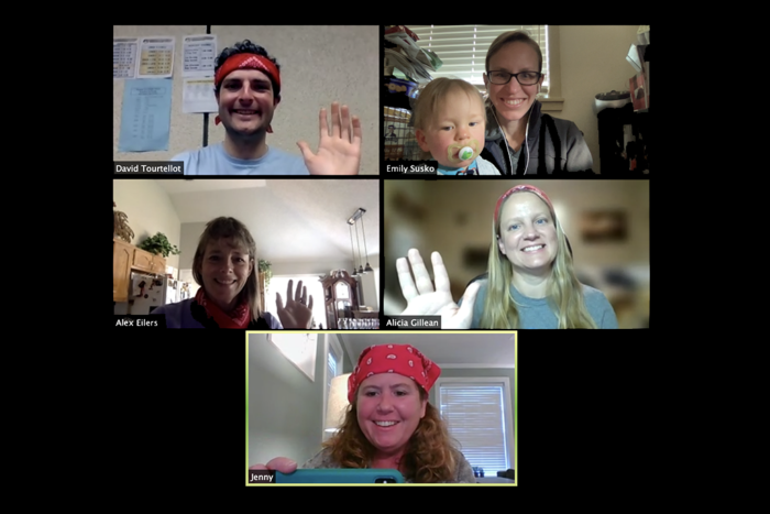 A group of five people and a baby in a Zoom meeting.