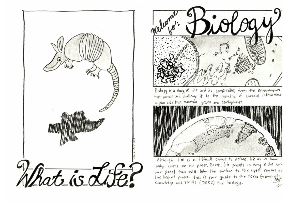 A black and white hand-drawn cartoon with an armadillo on the left panel and the title "What is Life?" and drawings of the inside of a cell on the right side with the heading "Welcome to: Biology".