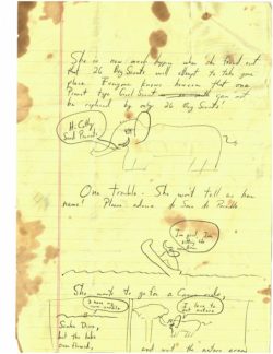Portions of a handwritten letter on yellowed paper with cartons of an elephant.