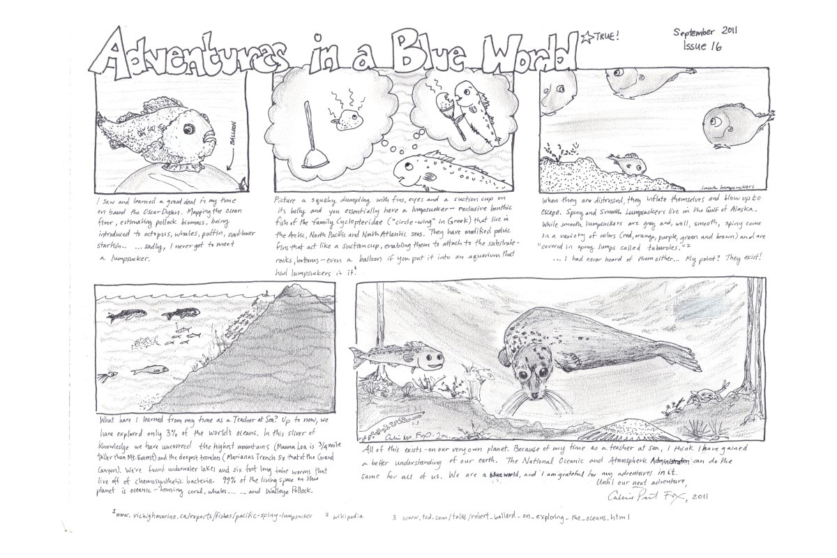 A five-panel cartoon called "Adventures in a Blue World" featuring drawings of a lumpsucker fish and a sea lion.
