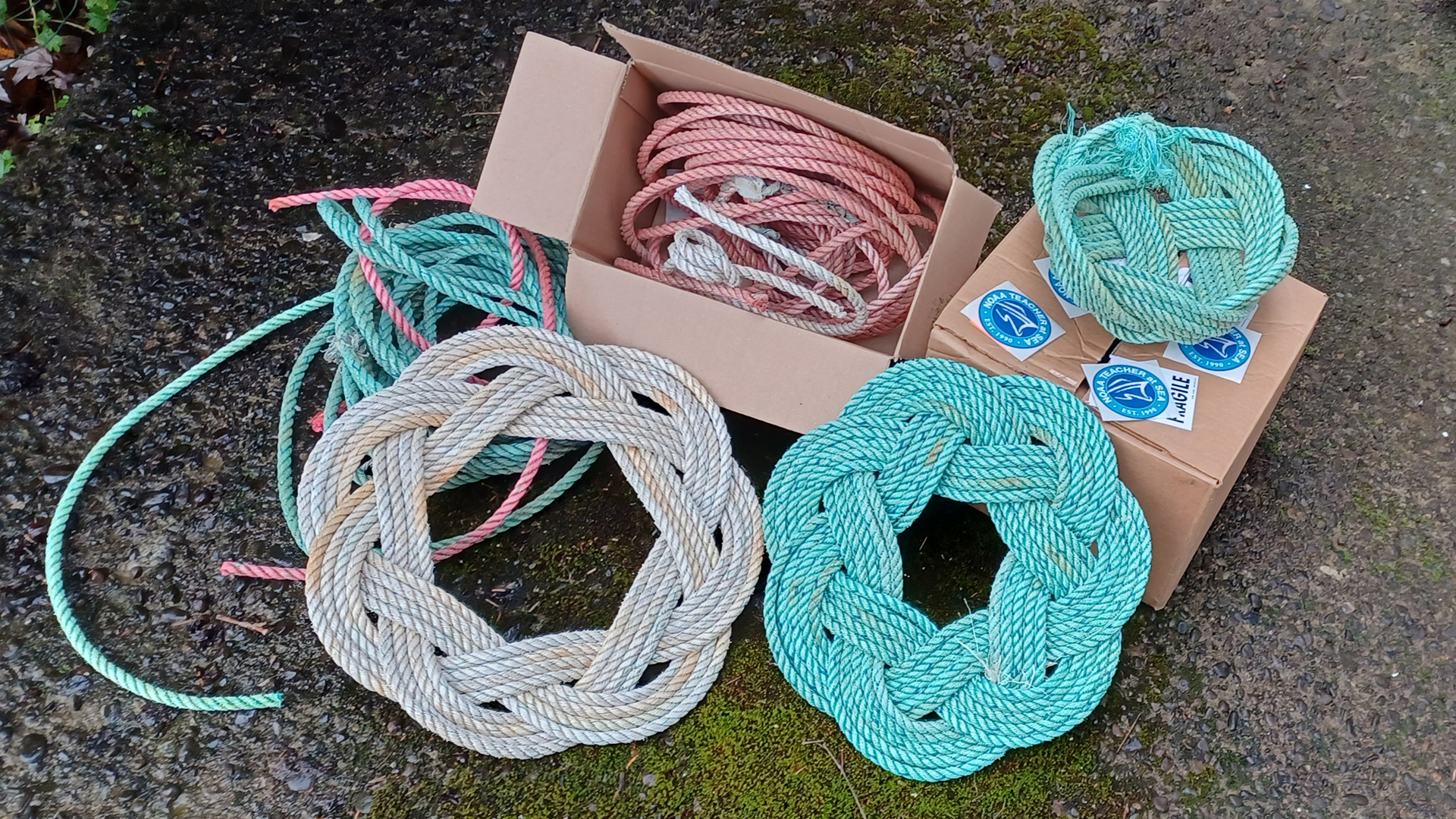 Rope wreaths and rope basket plus raw materials