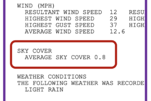 Screenshot higlighting text reading "Sky Cover: Average Sky Cover 0.8"