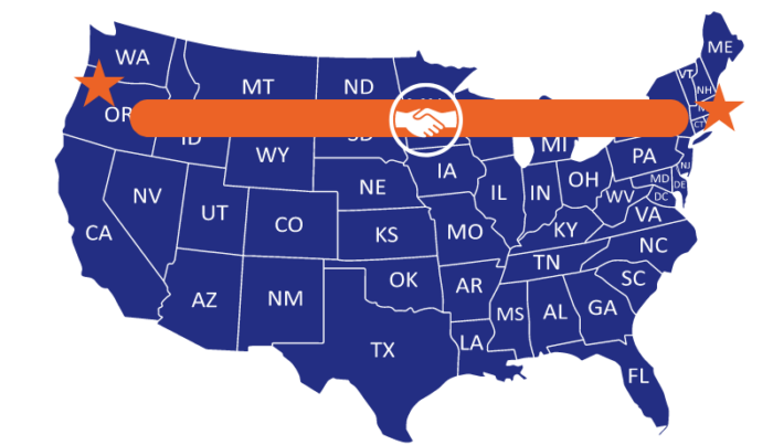 A graphic of the united states with a horizontal orange progress bar across the middle, featuring a white stethoscope icon, and orange stars marking Portland and Boston