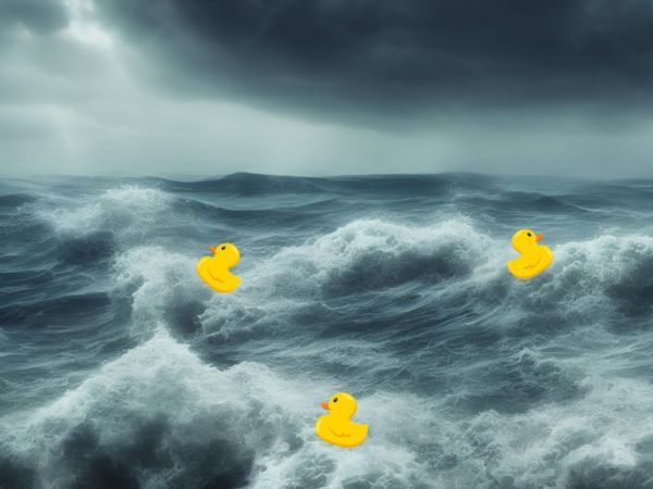 Three yellow rubber ducks float among the large, turbulent waves of a stormy sea under a dark, cloudy sky, highlighting the importance of marine awareness.