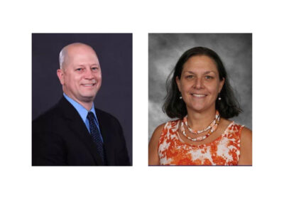 Two professional headshots. On the left, a bald man in a suit and tie smiles against a dark background. On the right, a woman with shoulder-length hair smiles in front of a gray backdrop, wearing an orange and white patterned top with a necklace.