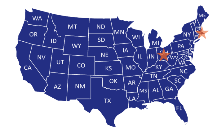 A map of the United States colored in blue, with three states marked by orange stars: Ohio, Indiana, and Maine. The map shows all states labeled with their respective two-letter abbreviations.