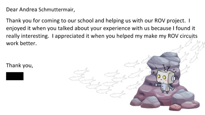 A thank you note addressed to Andrea Schmuttermair for helping with a school ROV project. The text expresses appreciation for sharing experiences and assistance with circuits. The note is accompanied by a drawing of a robot next to rocks and fish swimming in the background.