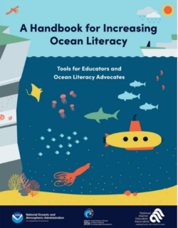 Illustrated cover of a handbook titled "A Handbook for Increasing Ocean Literacy." It features an underwater scene with various marine life, including a submarine, fish, jellyfish, and a shark. Logos of NOAA and the National Marine Educators Association are at the bottom.