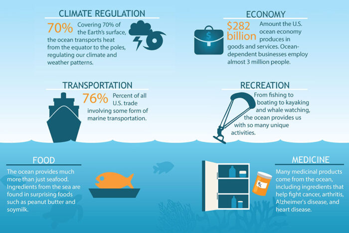 An infographic illustrating the various benefits of oceans. Categories include climate regulation, economy, transportation, recreation, food, and medicine, with accompanying statistics and icons representing each category's benefits from the ocean.