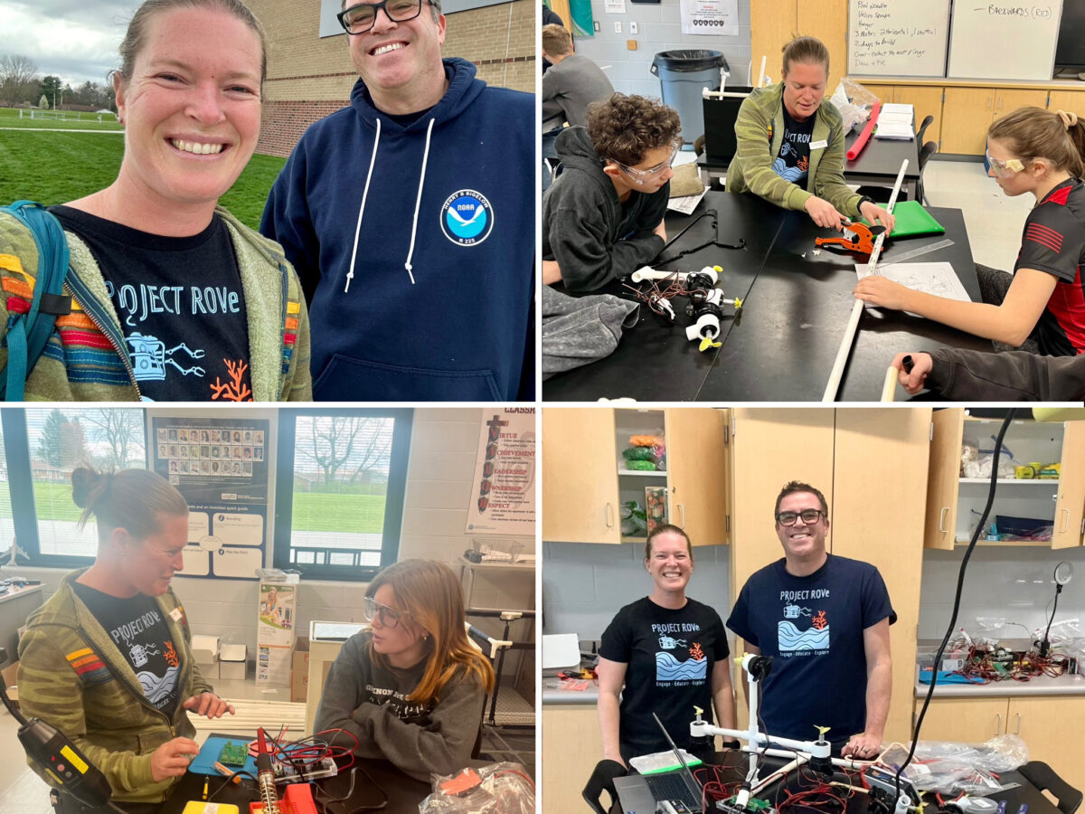 A collage of four images: Top left shows two people standing outside a building, both smiling. Top right and bottom left show classroom scenes with students and an instructor working on electronics. Bottom right shows the same two people from the first image in a lab with equipment.