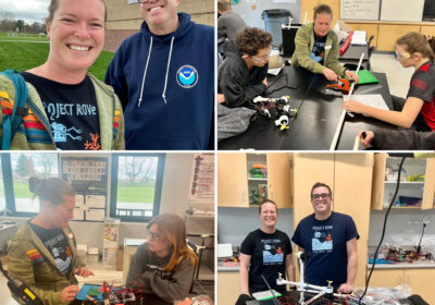 A collage of four images: Top left shows two people standing outside a building, both smiling. Top right and bottom left show classroom scenes with students and an instructor working on electronics. Bottom right shows the same two people from the first image in a lab with equipment.