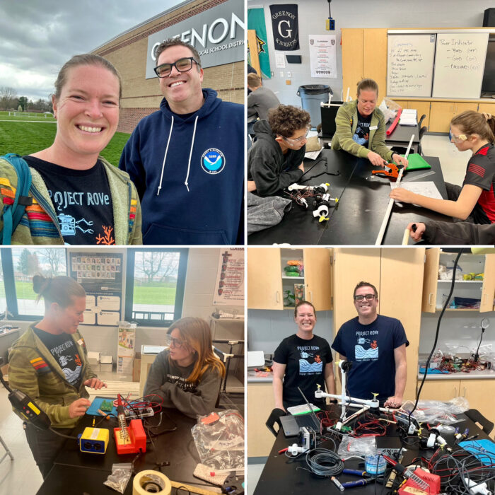 A collage of four images: Top left shows two people standing outside a building, both smiling. Top right and bottom left show classroom scenes with students and an instructor working on electronics. Bottom right shows the same two people from the first image in a lab with equipment.