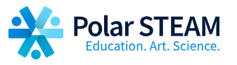 Logo of Polar STEAM featuring a circular abstract design composed of blue geometric shapes on the left, and the words "Polar STEAM" in bold black letters on the right. Below, the words "Education. Art. Science." are written in smaller blue text.