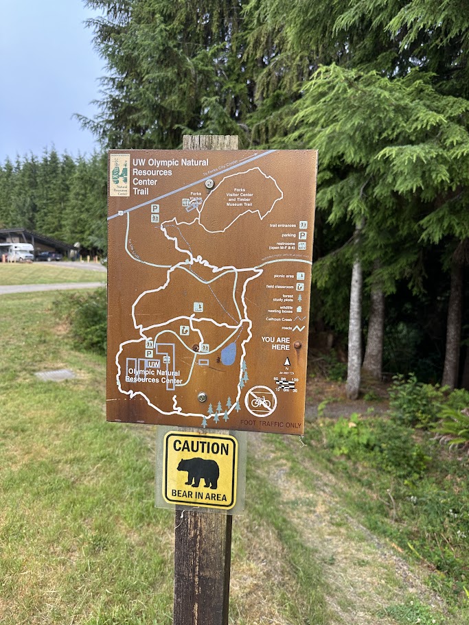 A wooden trail map sign indicates paths through the UW Olympic Natural Resources Center with various points of interest. Below the map, a yellow caution sign warns of a bear in the area. Tall trees and a cabin are visible in the background.