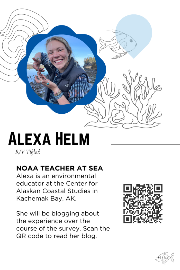 Image of a flyer featuring Alexa Helm. Alexa Helm is an environmental educator for the Center for Alaskan Coastal Studies, Kachemak Bay, AK. She will blog about her experiences aboard R/V Tiglax. Includes a QR code for more information and marine-themed illustrations.