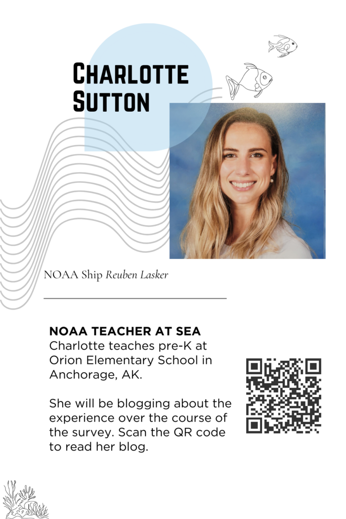 A flyer featuring a profile photo of a smiling woman identified as Charlotte Sutton, a NOAA Teacher at Sea. She teaches pre-K in Anchorage, AK, and will blog about a survey experience. The flyer includes a QR code for accessing her blog.