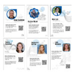 A collage of six NOAA Teacher at Sea informational cards featuring Sam Garson, Alexa Helm, Nick Latz, Tonya Prentice, Charlotte Sutton, and Lisa Werner. Each card includes a photo, short biography, roles, and a QR code for accessing their blogs.